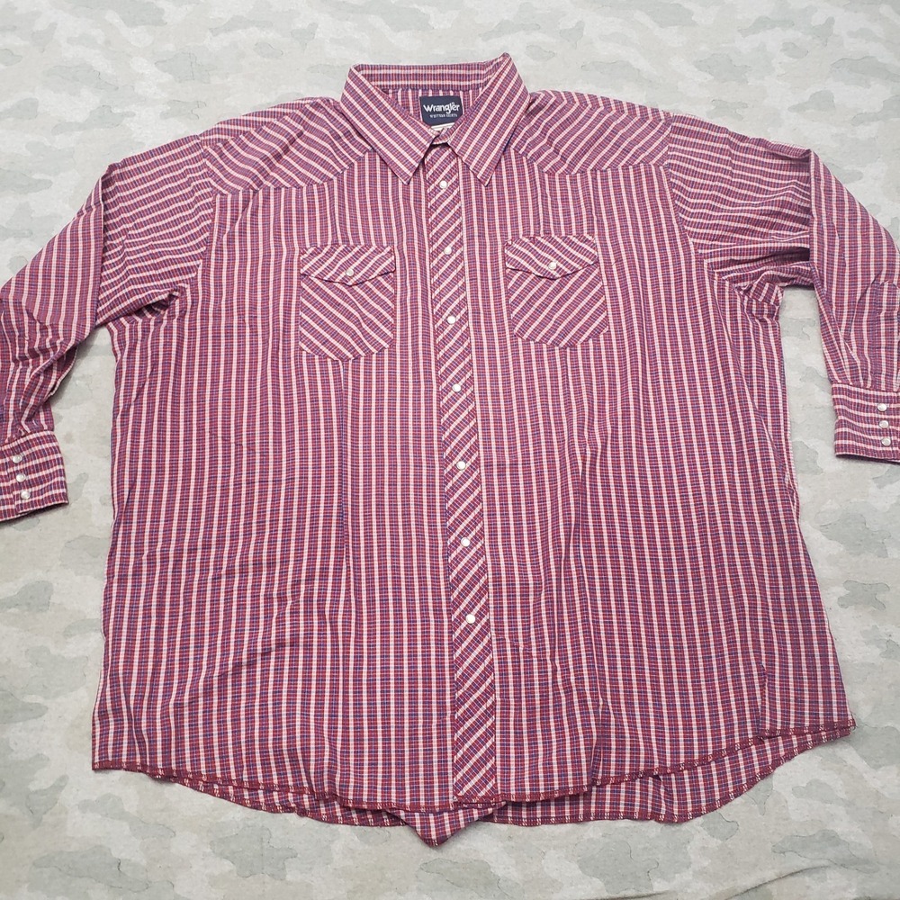 Wrangler Western Shirt Men 20x36 Tall Red Striped Pockets Pearl Snap Long Sleeve